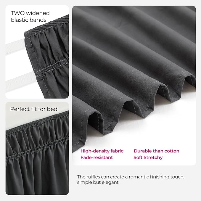 RIMELA Dark Grey Bed Skirt Twin 32 Inch Drop Silky Luxurious Fabric, Wrinkle and Fade Resistant with Adjustable Elastic Belt Easy to Install Machine Washable Dust Ruffles Bedskirt