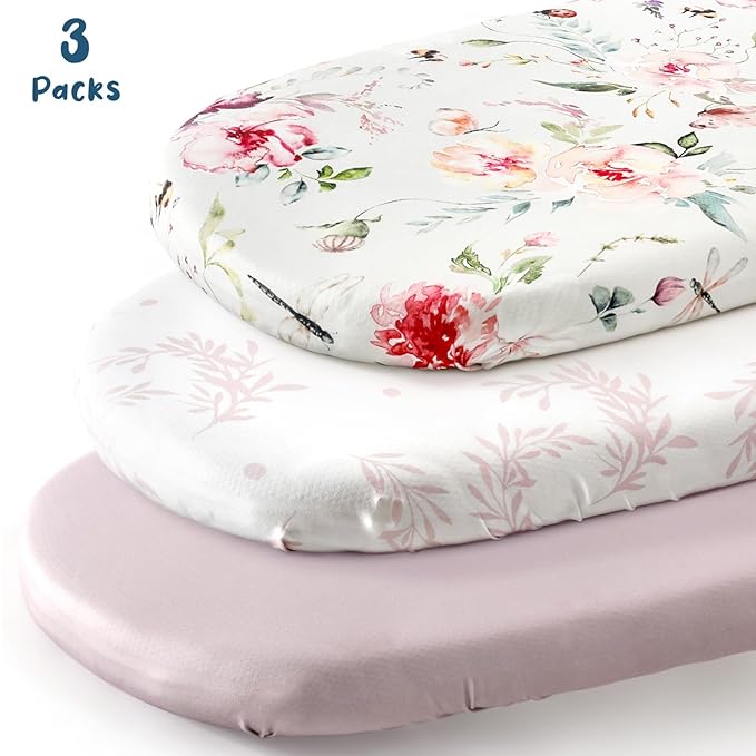 Stretch Ultra Soft Fitted Bassinet Sheet Set 3 Pack, Universal Fit for Bassinets Baby Cradle Moses Basket Oval Rectangle Mattress Safe and Snug, Beautiful Flowers and Insects Pattern for Baby Girls