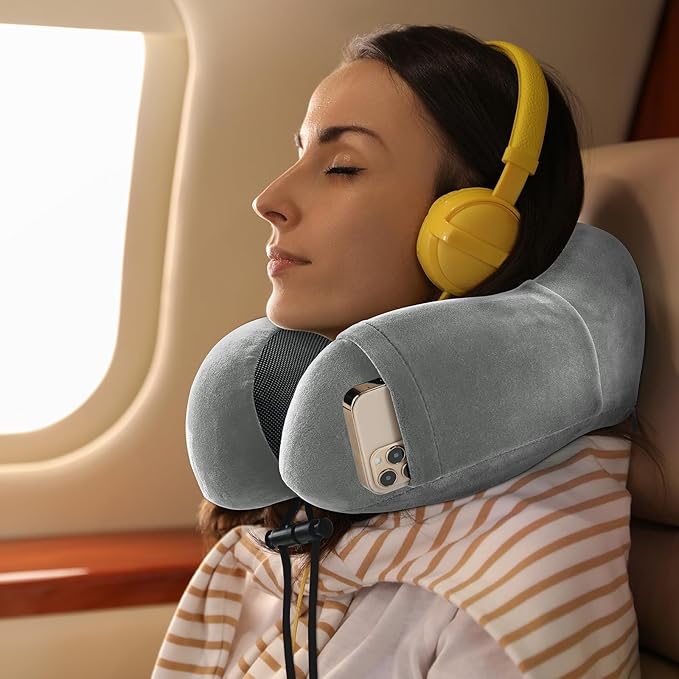 Travel Pillow and Blanket Set Neck Pillow Airplane Memory Foam for Traveling Compact with Bag Grey