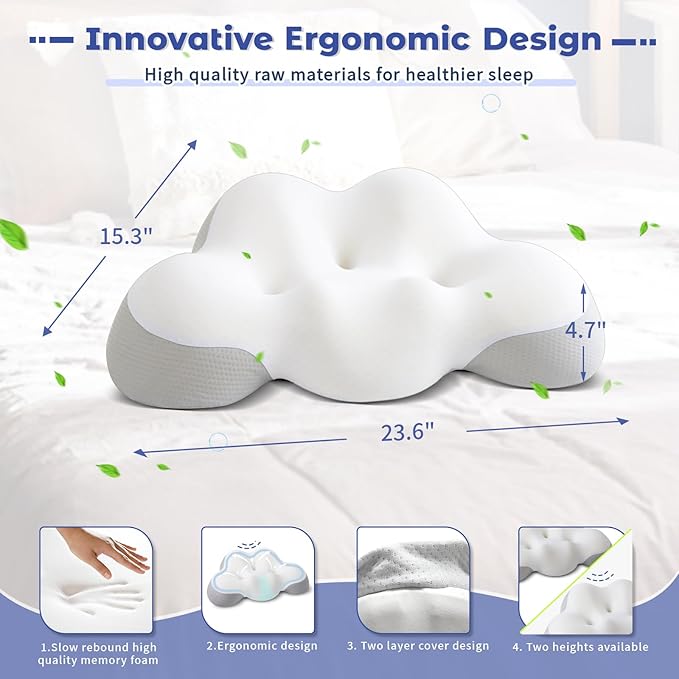 Cervical Neck Pillow for Neck and Shoulder, Side Sleeper Pillow for Adults, Neck Pillow, Orthopedic Contour Memory Foam Pillows for Side Back & Stomach Sleepers with Cooling Pillowcase