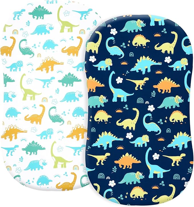 PHF Soft Bassinet Sheet Set, 2 Pack Silky Comfy Breathable Cradle Sheets for Baby Boys Girls, Univeral Fit for Most Oval Rectangle Cradle and Bassinet Mattress/Pad, Dinosaur