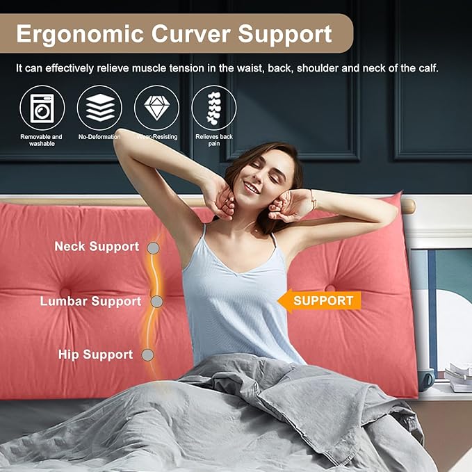 Large Triangular Headboard Pillows Long Backrest Positioning Support Bolster Cushion for Daybed Fluffy Quality Plush Body Wedge Pillow with Removable Cover(Rusty Red -Queen-59x8x20in)