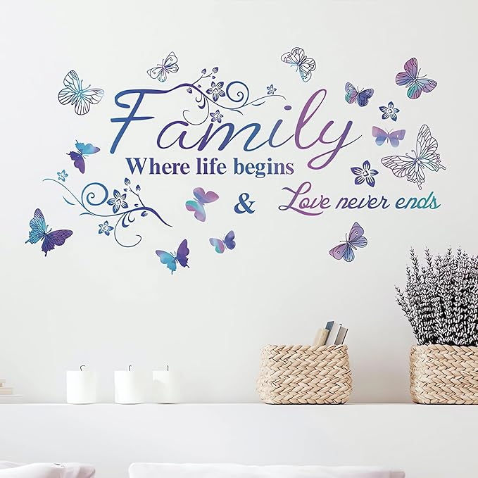 Family Wall Sticker, Inspirational Wall Decor Home Wall Decoration Warm Quotes Stickers Waterproof Removable Butterfly Sticker Letter Word Decal for Bedroom Dining Room Kitchen Wall Art Decor(Purple)