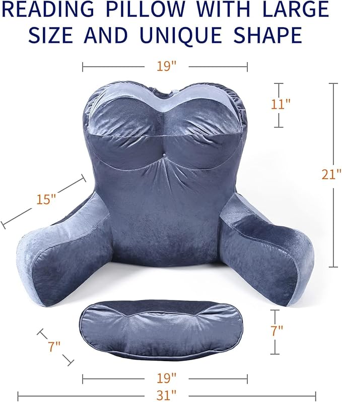 Reading Pillow 31”Wx21”H Back Pillow for Bed Sitting Up, Bed Pillow with Shredded Memory Foam with Arm Backrest, Back Support Pillow with Leg Pillow and Pocket for Reading/Gaming/Relaxing