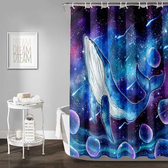 AILONEN Cartoon Blue Whale Shower Curtain,Swimming Whale Fabric Shower Curtains for Bathroom,Starry Night Bathroom Curtains for Kids Girls Boys,Fantasy Whale Bath Curtain Set, 72" W*78" H