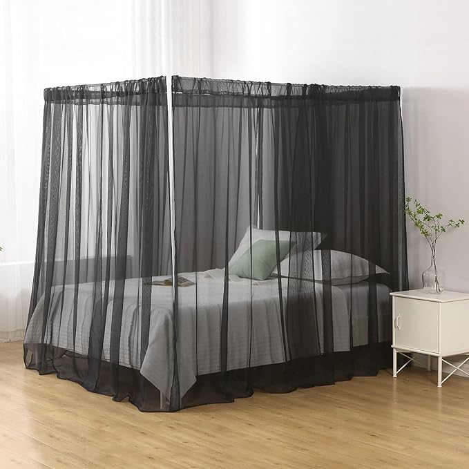 Chiffon Black Bed Canopy Queen Size, Gothic Style Girls Canopy Bed Curtains, 4 Post Bed Curtains for Adult Room Decor