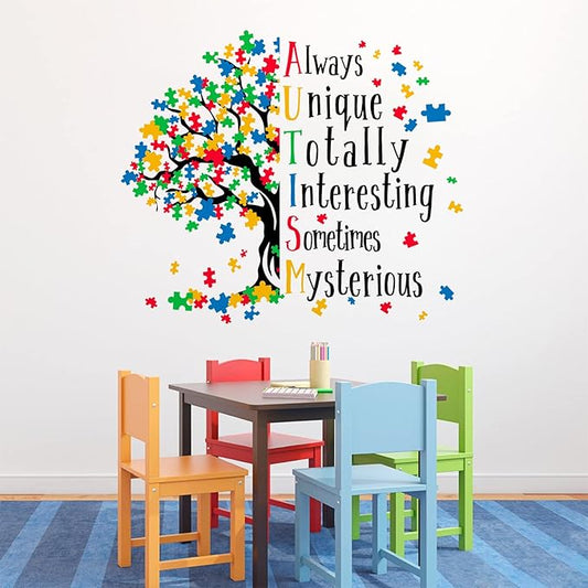 Mfault Autism Awareness Day Inspirational Sign Wall Decal Sticker, Positive Puzzle Piece Tree Colorful Nursery Classroom Decoration Baby Bedroom Art, Autistic Spectrum Motivational Kid Room Decor Gift
