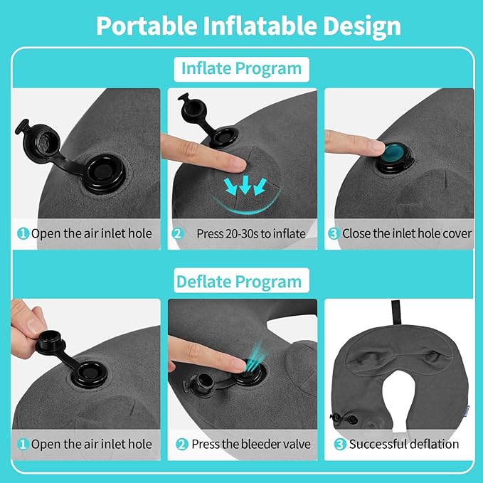 Inflatable Travel Neck Pillow for Airplane, 360° Head Support Velvet Adult Neck Pillow for Long Flight, Removable Washable Cover, Kit with Eye Masks, Earplugs & Storage Bag, Grey