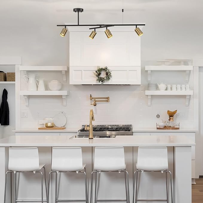 Globe Electric 57501 4-Light Track Lighting, Matte Black, Matte Brass Track Heads, Center Swivel Bar, 4 Bulb Kitchen Light, Ceiling Light Fixture, Track Lighting, Swivel, Bulb Not Included