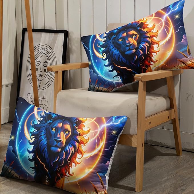 AILONEN Lion Fitted Sheet Set Queen Size, Constellation Lightning Lion Bed Sheet Set for Boys Girls,Blue Sky Starry Animal Lion Breathable Fitted Sheet and 2 Pillowcases,3 Pieces