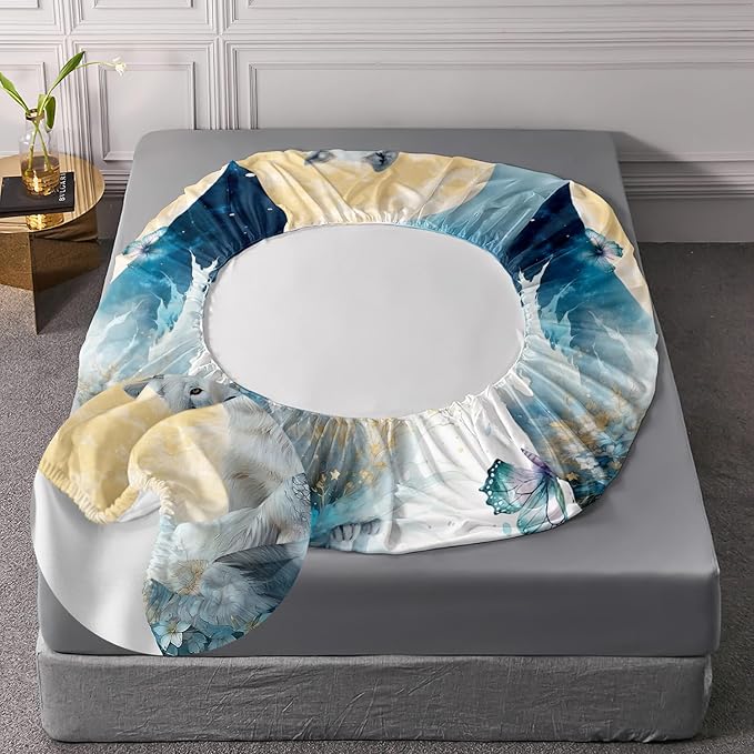 AILONEN Wolf Fitted Sheet Set Full Size, Blue Tie Dye Wolf Bed Sheet Set Decor,3 Pieces Moon Wolf Sheet Set,Modern Watercolor Wolf and Butterfly Fitted Sheet with 2 Pillowcases