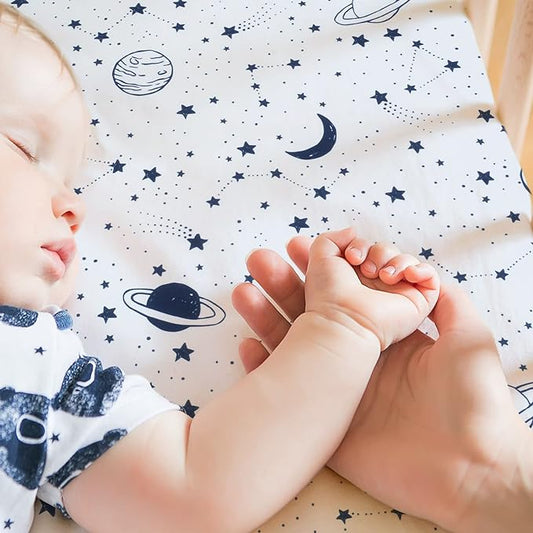 JISEN Baby Crib Sheet 1 Piece Portable Fitted Crib Sheet for Standard Crib and Toddler Mattresses Nursery Bed Decor for Boys Girls 28x52 Inch Stars Planets
