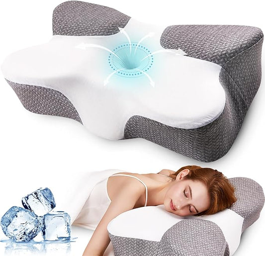 Cervical Pillow for Neck Pain Relief-Ergonomic Contour Pillows-Memory Foam Cervical Pillow,Odorless Ergonomic Contour Pillows,Orthopedic Bed Pillow for Side Back Stomach Sleeper - Dark Grey-White