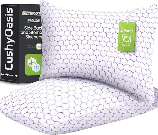 Shredded Foam Pillow for Sleeping, Cooling Bed Pillows Set of 2, Adjustable Pillows for Side, Back, Stomach Sleepers with Washable Pillowcase (Queen Size, Purple)