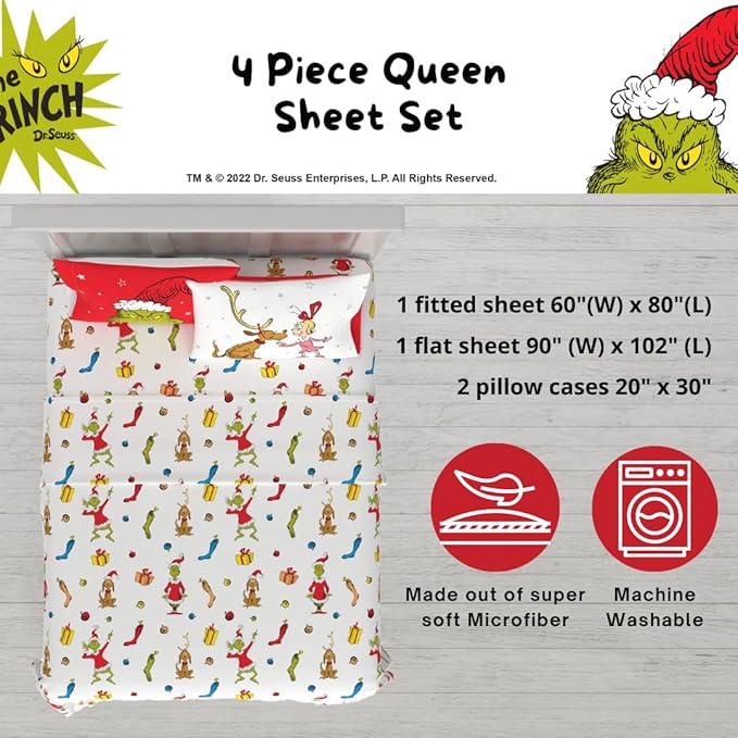 Franco Collectibles Dr. Seuss The Grinch Holiday & Christmas Bedding Super Soft Microfiber 4 Piece Queen Sheet Set, (Officially Licensed Product)