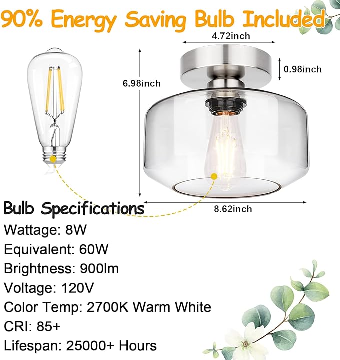 Industrial Semi Flush Mount Ceiling Light Brushed Nickel, 900 Lumen LED Bulb Included, Clear Glass Shade Ceiling Light Fixture, Farmhouse Light Fixture for Hallway Corridor Kitchen Bathroom Bedroom