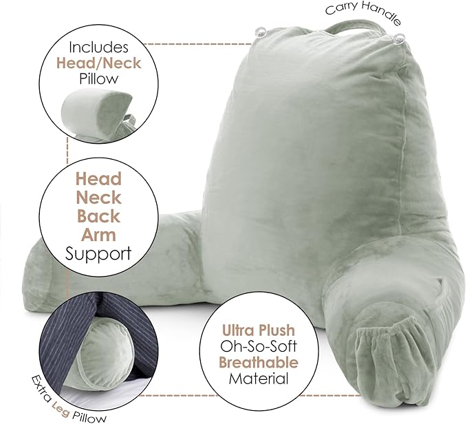 Nestl Reading Pillow Large Bed Pillow, Back Pillow for Sitting in Bed Shredded Memory Foam Chair Pillow, Reading & Bed Rest Pillows Sage Green Back Pillow for Bed, Bed Chair Arm Pillow with Pockets