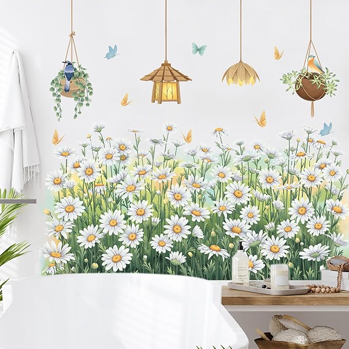 White Daisy Kicks Wall Decals Flowers Wall Corner Stickers Garden Floral Butterflies Baseboard Skirting Line Wall Stickers for Baby Kids Girls Bedroom Living Room Corners Skirting Lines Waist Lines