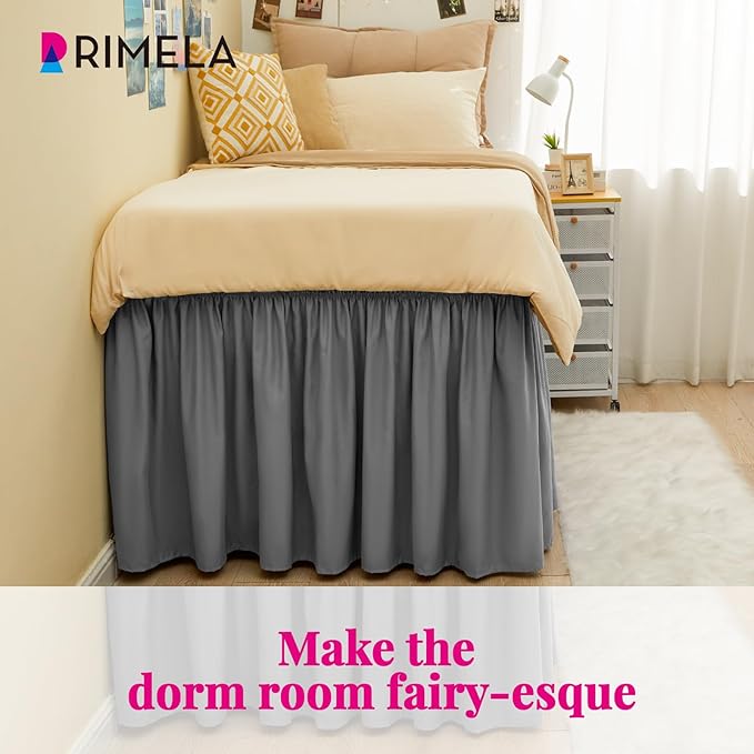 RIMELA Dorm Bed Skirt Twin XL 18 Inch Drop, Extra Long Wrap Around Elastic Bed Skirts Easy to Put On Twin Size Dust Ruffle, Gray Bedskirt for Adjustable Bed Base Solid Silky Fabric Machine Washable