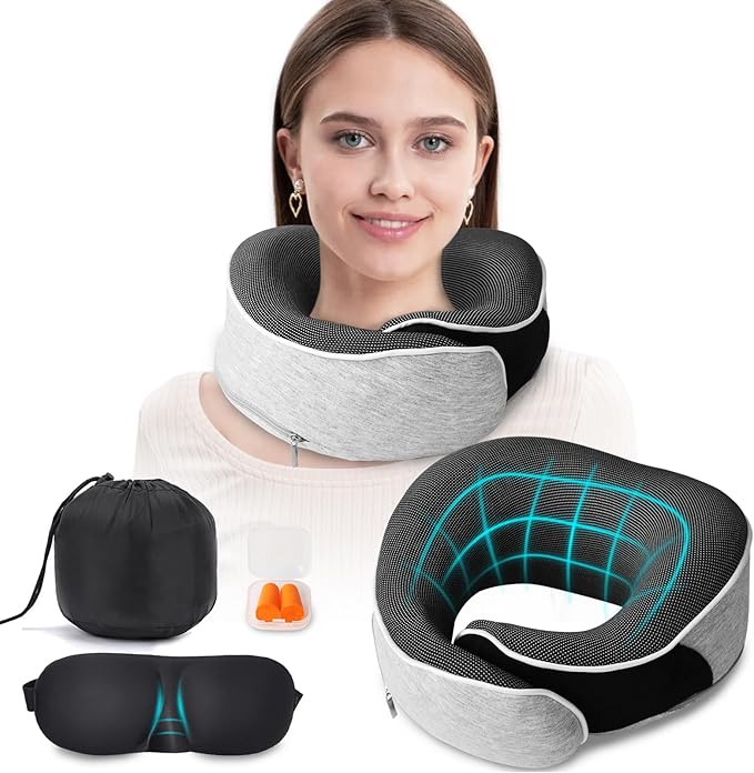 Travel Pillow,Upgraded 100% Memory Foam Neck Pillow for Traveling,Ergonomic Design Soft Best Flight Pillow,Neck Pillow Airplane Kit with 3D Contoured Eye Masks,Earplugs and Luxury Bag (Grey)