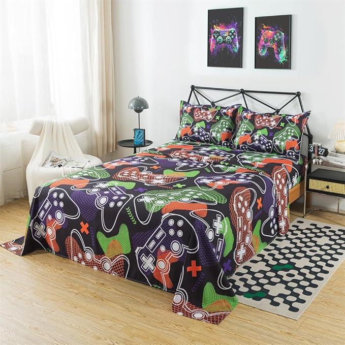 qjmiaofang Gamer Sheets Twin for Boys Gamer Sheet Set Video Game Bed Sheet Set 3Pieces Gaming Sheets Twin Gamer Fitted Sheet Gaming Bedding Set 1 Fitted Sheet 1 Flat Sheet 1 Pillowcase
