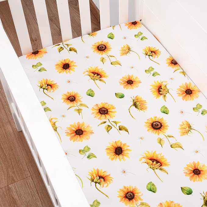 JISEN Baby Crib Sheet 1 Piece Portable Fitted Crib Sheet for Standard Crib and Toddler Mattresses Nursery Bed Decor for Boys Girls 28x52 Inch Sunflowers