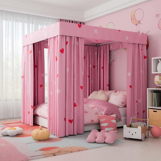 Love Canopy Bed Curtains - 4 Corner Post Bed Curtains Canopy Queen Bed Canopy Curtains for Children Girls Bedroom Decoration(Love, Queen)