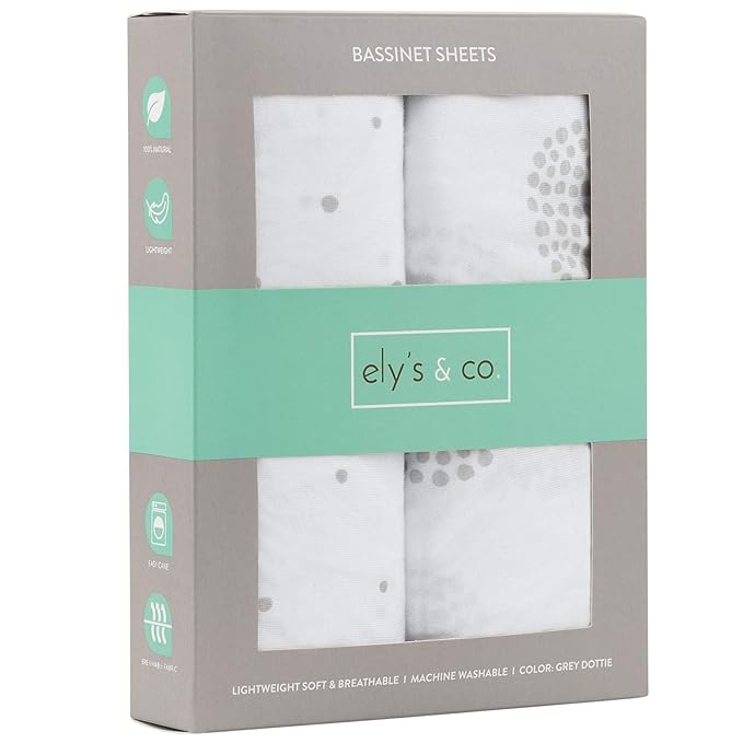 Ely's & Co. Bassinet Sheet 100% Combed Jersey Cotton 2 Pack Unisex for Baby Girl and boy - Grey Dottie Design