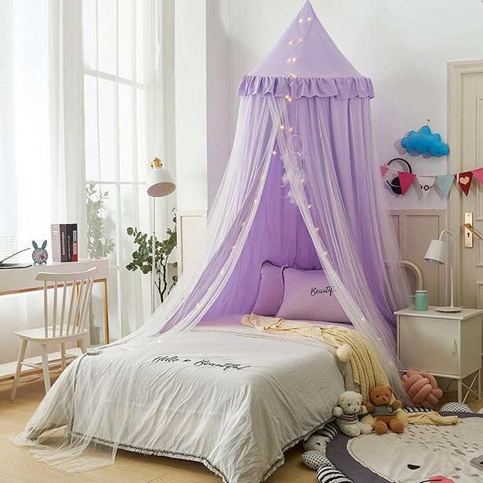 VETHIN Bed Canopy for Kids with Lights,Double Layer Princess Round Dome Children Dreamy Mosquito Net Bedding Girls Room Castle Play Tent Hanging House Decor Reading Nook Canopies(Purple/White)