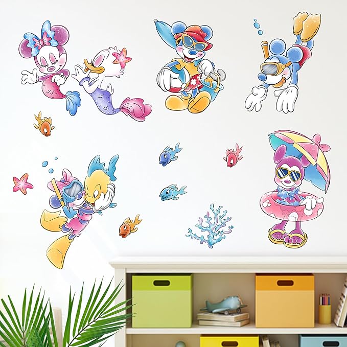 Mfault Summer Cartoon Mouse Wall Decal Stickers, Under The Sea Duck Mermaid Fish Coastal Ocean Nursery Decoration Bedroom Art, Beach Nautical Coral Neutral Toddler Kids Baby Room Decor