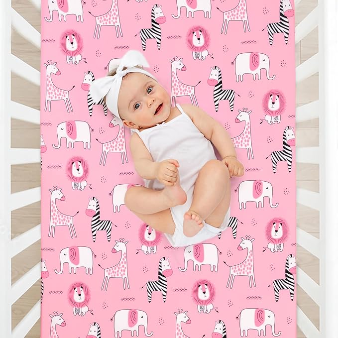 JISEN Baby Crib Sheets Soft Breathable Pink Fitted Crib Sheets Baby Sheet for Standard Crib and Toddler Mattress Baby Bed Sheets for Crib for Baby Boys Girls Neutral 52x28 Inch Elephant