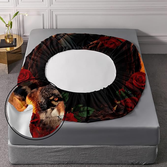 AILONEN Girls Wolf Fitted Sheet Set Full Size, 3 Pieces Bedding Set Red Rose Wolf Sheet Set for Women Teen Kids,Wildlife Bed Sheet Set Wolf Fitted Sheet with 2 Pillowcases