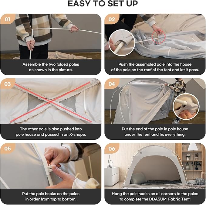 Fabric Indoor Bed Tent, Privacy Play Tent on Bed for Warm and Cozy Dream Sleep Tent, Floorless Type Tent.Cotton Feeling Tent,S-PE Pole, Washable Tents (Ivory, Twin)