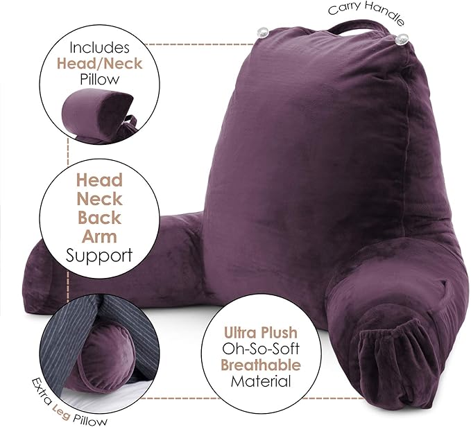 Nestl Reading Pillow Large Bed Pillow, Back Pillow for Sitting in Bed Shredded Memory Foam Chair Pillow, Reading & Bed Rest Pillows Purple Back Pillow for Bed, Bed Chair Arm Pillow with Pockets