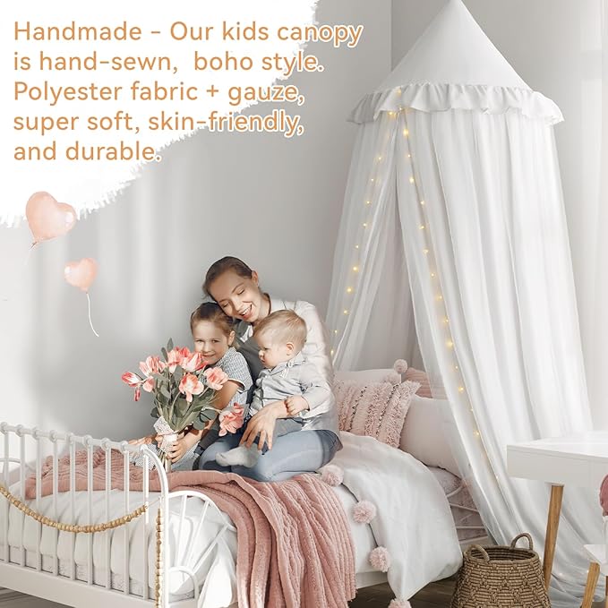 Bed Canopy with String Light, Double Layer Mosquito Net Bed Canopies White Princes Fairy Canopy Tent for Girls, Adults, Hanging Bed Tent Drapes Bed Curtains Reading Nook, 27''x108''