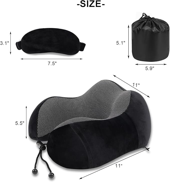 Pure Memory Foam Travel Pillow Set for Adults - Comfortable & Breathable Removable Cover, Airplane Travel Kit with Eye Mask & Portable Storage Bags for Plane Accessories - Black
