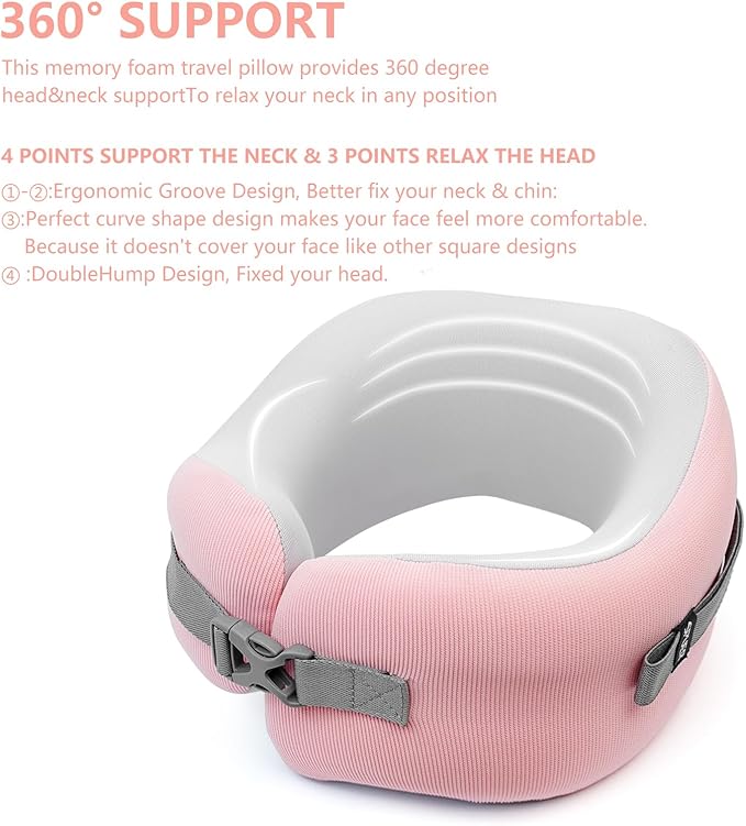 Neck Pillow, Travel Pillows for Airplanes, 100% Memory Foam Airplane Pillow, Portable Adjustable Neck Pillow for Flight, Comfortable & Breathable Cover, Machine Washable, Travel Essentials Kit