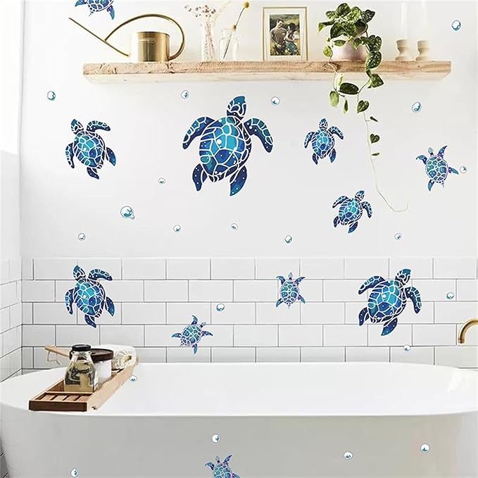 Waterproof Removable Watercolor Turtles Vinyl Wall Decal for Nursery Kidsroom School Classroom Livingroom Bedroom Bathroom Sea Life Sticker in Coastal Ocean Theme