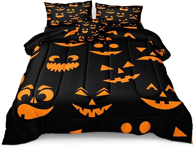 Bedbay Halloween King Comforter Set Black Orange Ghost Bedding Set for Kids Boys 4 Pcs Soft and Breathable Comforter Halloween Room Decor(Orange,King)