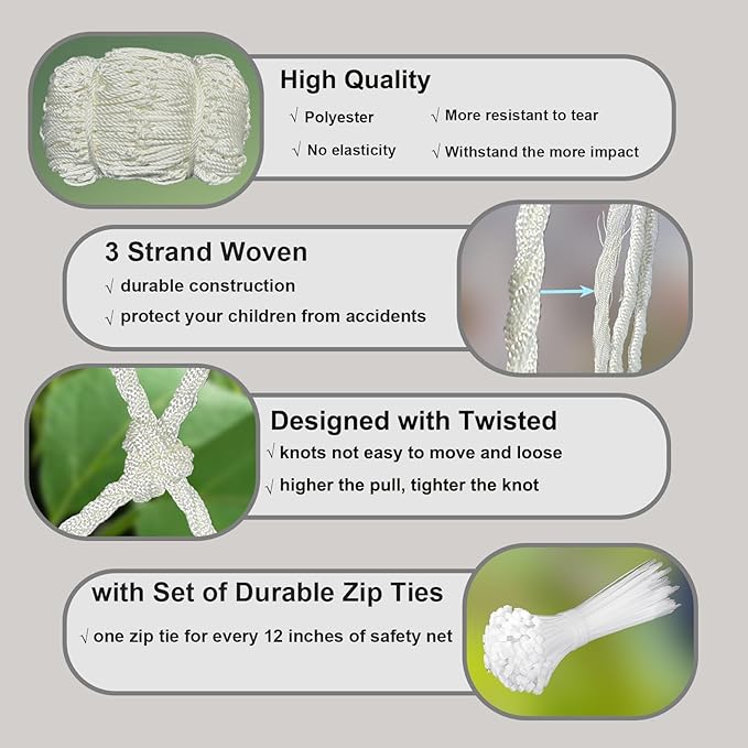 Rope Net Kids Safety Rope Netting Stairs Balcony Fence Safety Net Child Railing Playground Protection Rope Netting Indoor and Outdoor Decor Net White (4mm,2X2m)