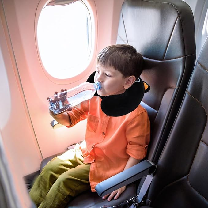 Kids Neck Pillow for Travel with Sleep Eye Mask, Cute Travel Neck Pillow, Memory Foam Cartoon Flight Sleeping Headrest Pillow for Boys & Girls, Airplane, Train, Car, Home Use - Smart Black Cat