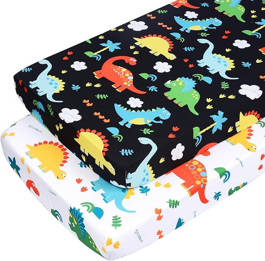 JISEN Baby Crib Sheets 2 Piece Portable Fitted Crib Sheet for Standard Crib and Toddler Mattresses Nursery Bed Decor for Boys Girls 28x52 Inch White/Black Dinosaurs