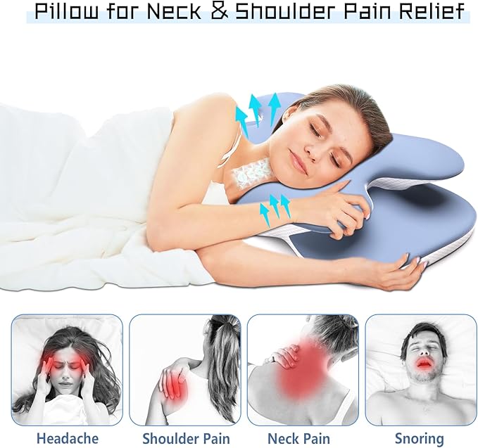 Cervical Neck Pillow for Pain Relief - Contour Memory Foam Pillows with Cooling Pillowcase, Neck Support Pillows for Sleeping, Ergonomic Orthopedic Pillow for Side, Back, Stomach Sleepers (Blue)