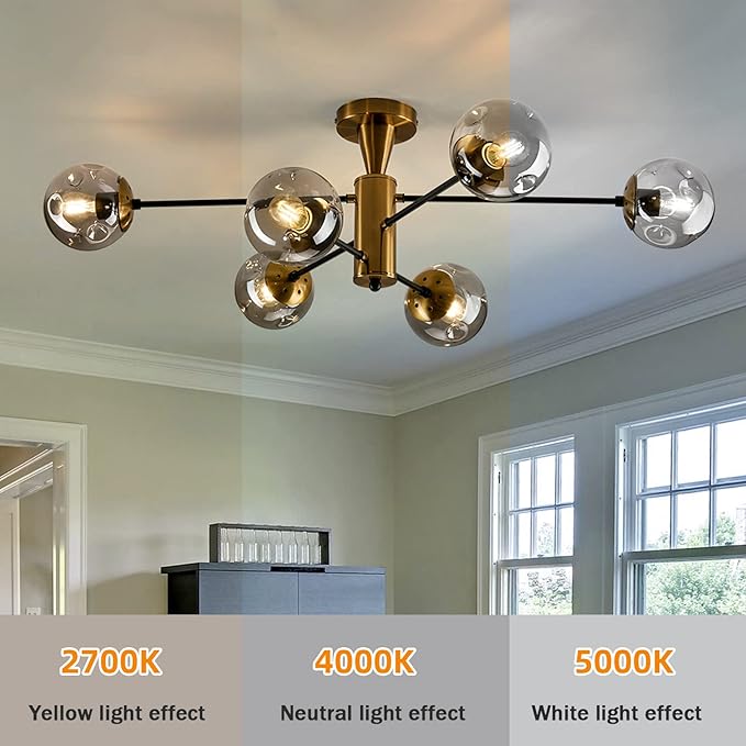 Modern Semi Flush Mount Ceiling Light Fixture 6-Light Sputnik Gold Chandelier with Glass Globe Mid Century Ceiling Lighting for Dinning Room Farmhouse Kitchen Bedroom Living Room.