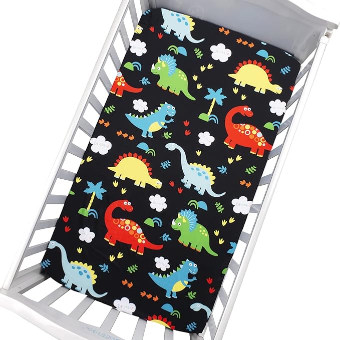 JISEN Baby Crib Sheets 2 Piece Portable Fitted Crib Sheet for Standard Crib and Toddler Mattresses Nursery Bed Decor for Boys Girls 28x52 Inch White/Black Dinosaurs