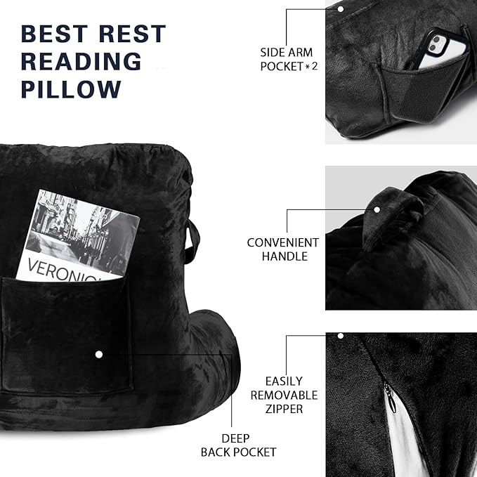 SLIGUY Reading Pillow Standard Bed Pillow for Sitting in Bed Couch or Floor-Backrest with Arms Support and Pockets, Adult Back Pillow Bed Chair for Bed Rest, Reading, Watching TV, Gaming, Black