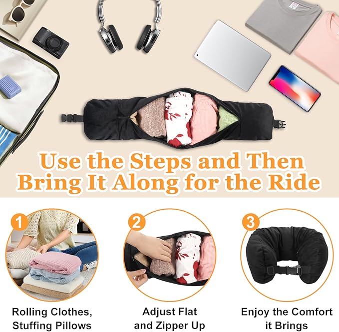 Travel Pillow for Extra Luggage,Stuffable Neck Pillow for Travel,Soft Velvet Cover,Adjustable Neck Size,Holds 3 Days of Travel Essentials,Travel Hacks,Multifunctional Packable Neck Pillow