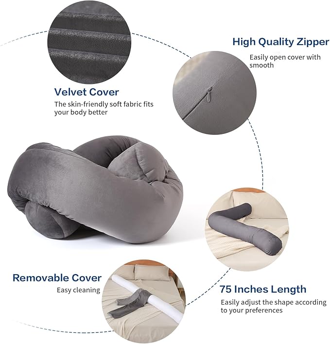 Long Body Pillow for Adults,Full Body Pillow with Velvet Pillowcase,Round Bolster Pillow for Sleeping,Hug Pillow(Gray,75×6 inch)