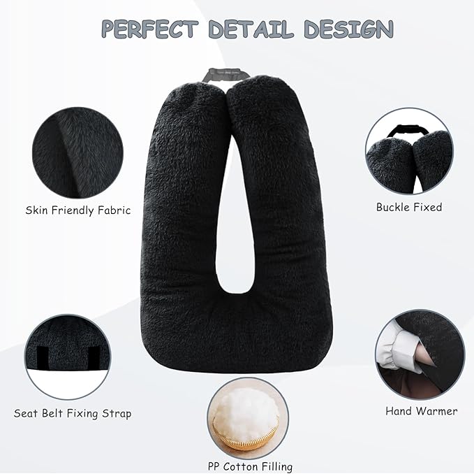 Kids Travel Pillow for Car Seat with Hand Muff, Cartoon Neck & Headrest Seat Belt Pillow for Car Road Trips Long-Distance Travel Sleeping Pillow for Adults and Children, Black