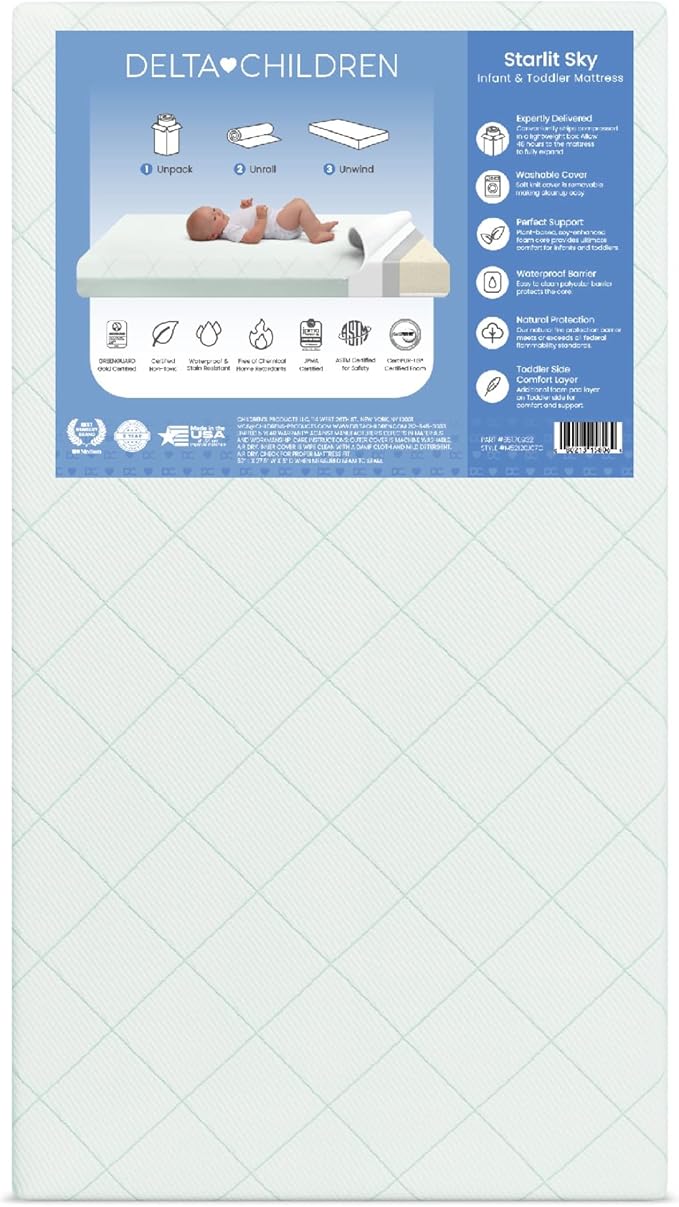 Delta Children Starlit Sky 2-Stage Crib and Toddler Mattress – GREENGUARD Gold Certified, CertiPUR-US Certified Foam, Breathable Machine Washable Cover, Waterproof Barrier, Made in USA, Green